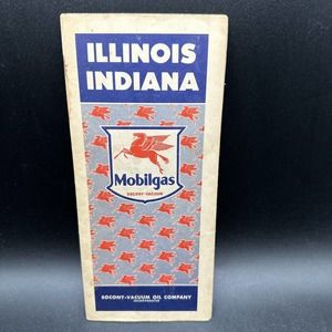 1942 Gas Station Road Map Mobilgas Mobil Socony Vacuum Oil ILLINOIS INDIANA